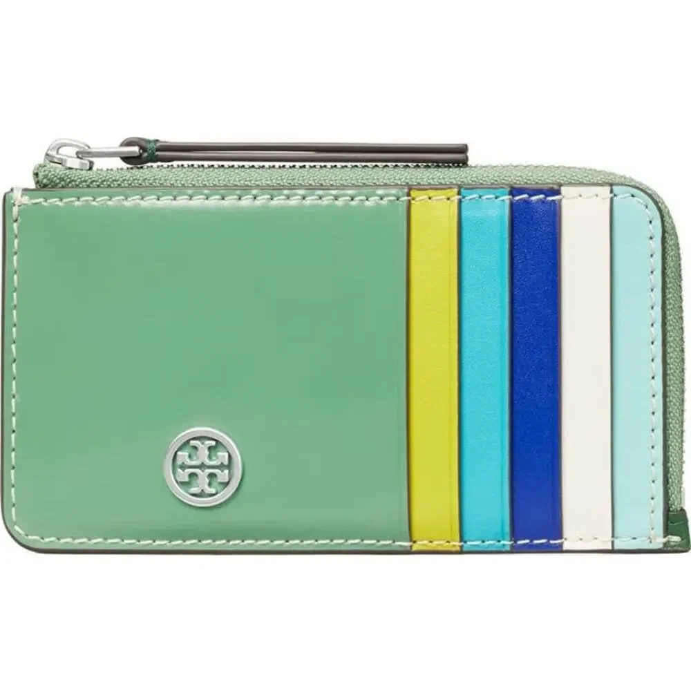 Tory Burch Robinson Spazzaloto Leather Card Case in Green Multicolor